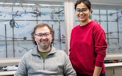 Professor Michael Findlater, left, and graduate student Aneelman Brar focus their research on replacing precious metal elements in organic synthesis with Earth-abundant metals. Image by Veronica Adrover, UC Merced.