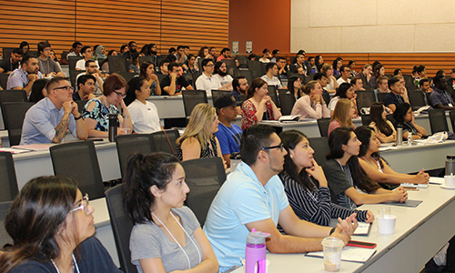 Incoming grad students attend last year's Graduate Orientation Week welcome address. This year's welcome was held on Zoom, but it was well attended and successful.